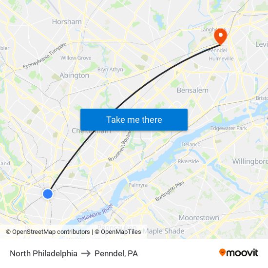 North Philadelphia to Penndel, PA map