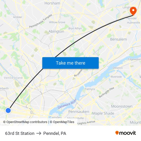 63rd St Station to Penndel, PA map