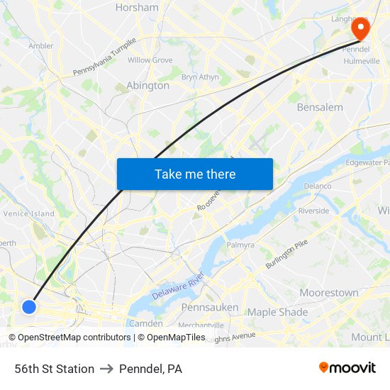 56th St Station to Penndel, PA map