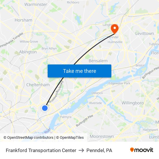 Frankford Transportation Center to Penndel, PA map