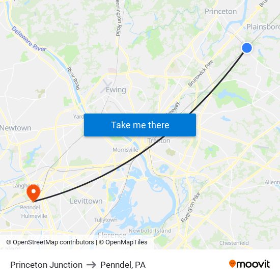 Princeton Junction to Penndel, PA map
