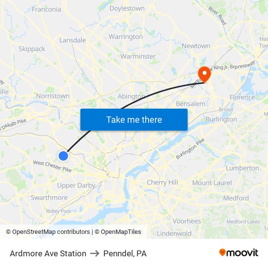 Ardmore Ave Station to Penndel, PA map