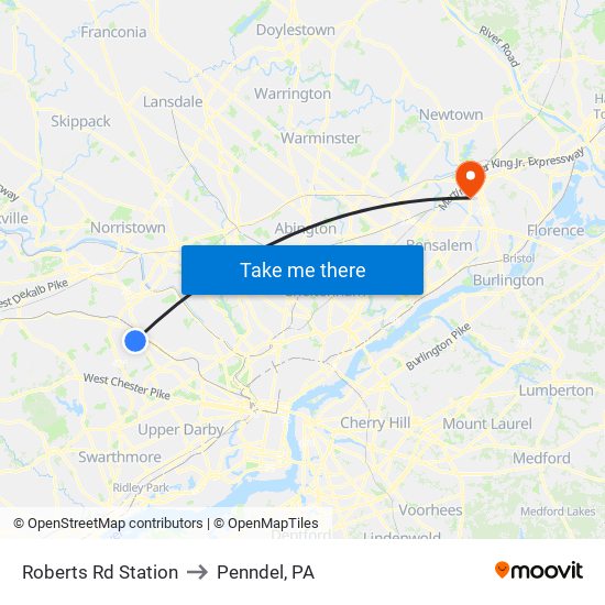 Roberts Rd Station to Penndel, PA map