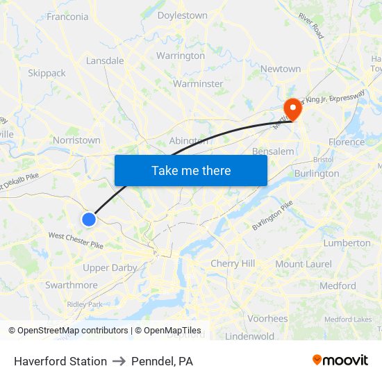 Haverford Station to Penndel, PA map