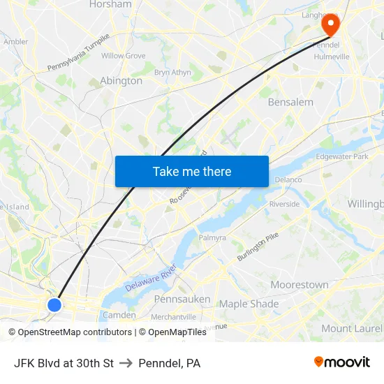 JFK Blvd at 30th St to Penndel, PA map