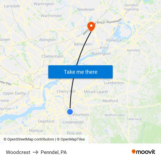 Woodcrest to Penndel, PA map