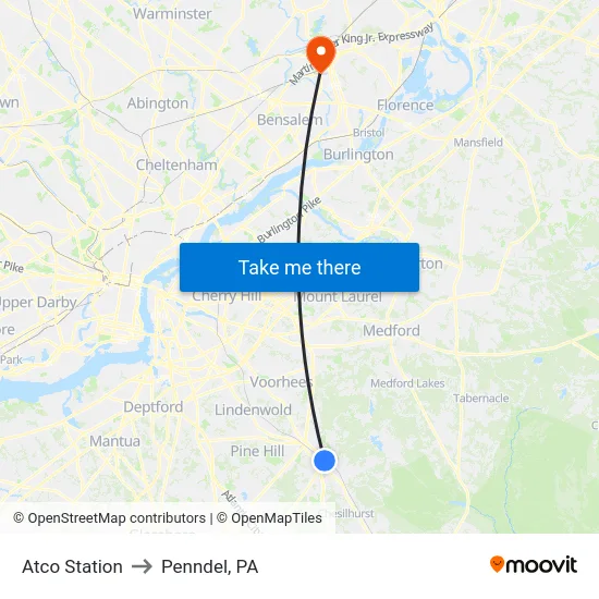 Atco Station to Penndel, PA map