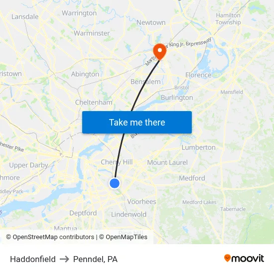 Haddonfield to Penndel, PA map
