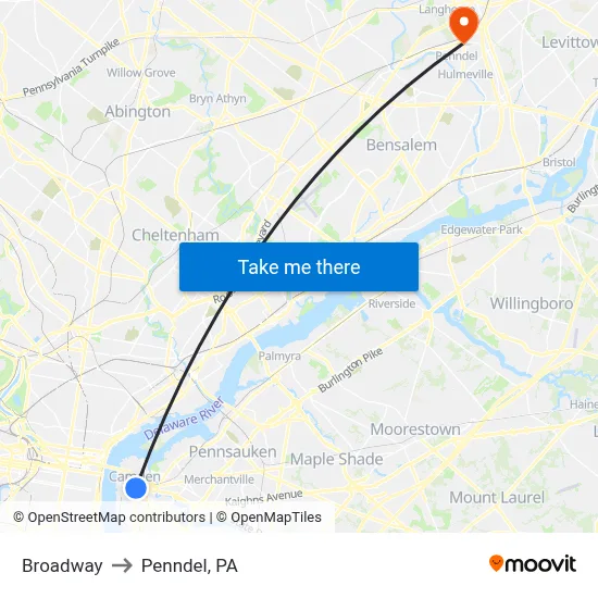 Broadway to Penndel, PA map