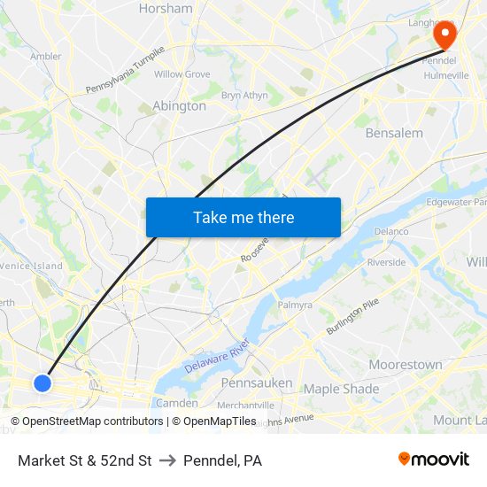 Market St & 52nd St to Penndel, PA map