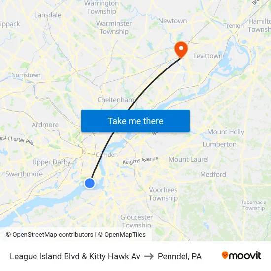 League Island Blvd & Kitty Hawk Av to Penndel, PA map