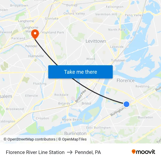 Florence River Line Station to Penndel, PA map