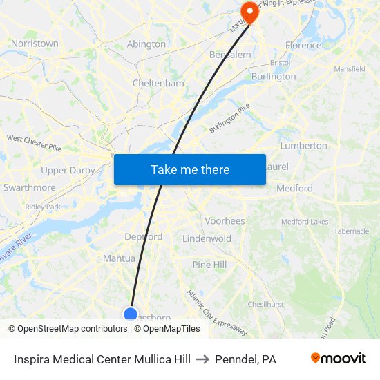 Inspira Medical Center Mullica Hill to Penndel, PA map