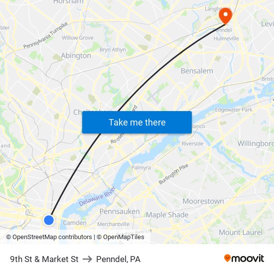 9th St & Market St to Penndel, PA map