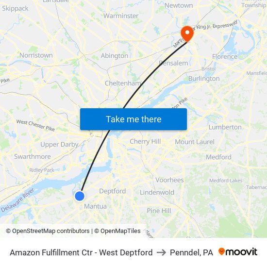 Amazon Fulfillment Ctr - West Deptford to Penndel, PA map