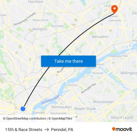 15th & Race Streets to Penndel, PA map