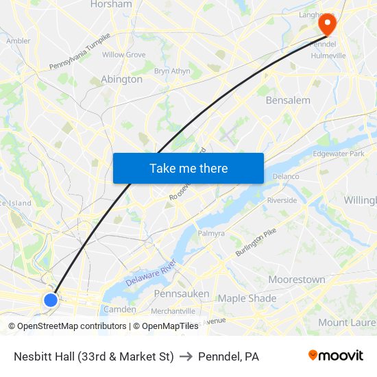 Nesbitt Hall (33rd & Market St) to Penndel, PA map