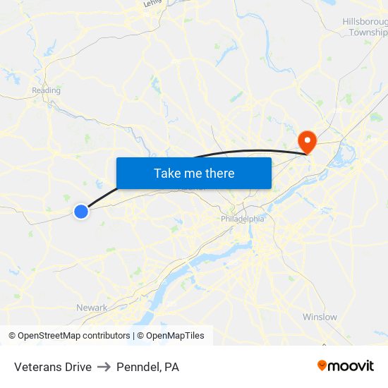 Veterans Drive to Penndel, PA map