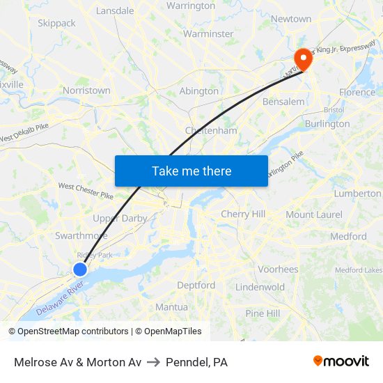 Melrose Av & Morton Av to Penndel, PA map