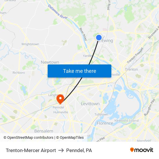 Trenton-Mercer Airport to Penndel, PA map