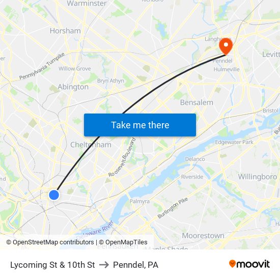 Lycoming St & 10th St to Penndel, PA map