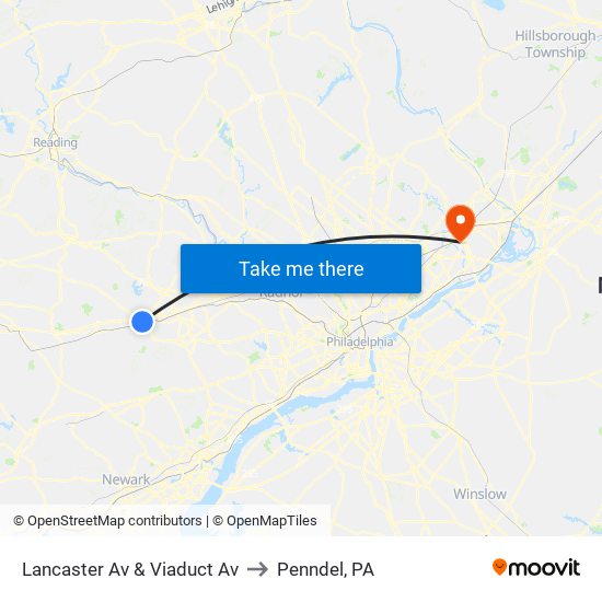 Lancaster Av & Viaduct Av to Penndel, PA map