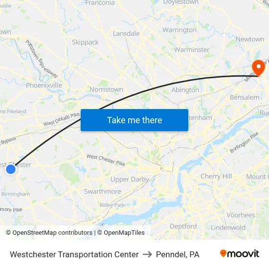 Westchester Transportation Center to Penndel, PA map