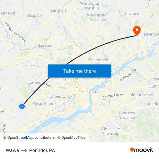 Wawa to Penndel, PA map