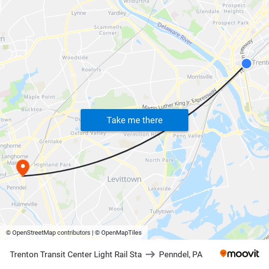 Trenton Transit Center Light Rail Sta to Penndel, PA map