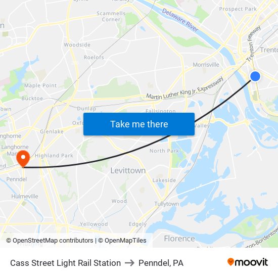 Cass Street Light Rail Station to Penndel, PA map