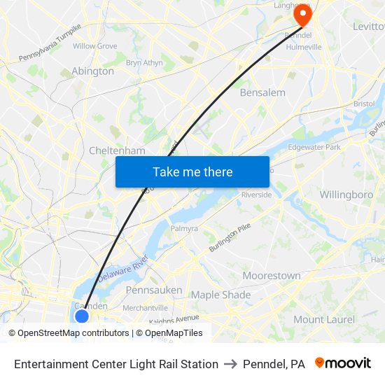 Entertainment Center Light Rail Station to Penndel, PA map