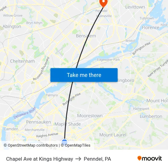Chapel Ave at Kings Highway to Penndel, PA map