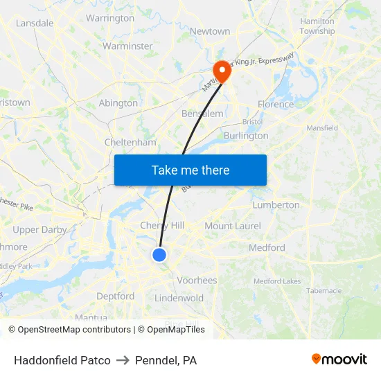 Haddonfield Patco to Penndel, PA map