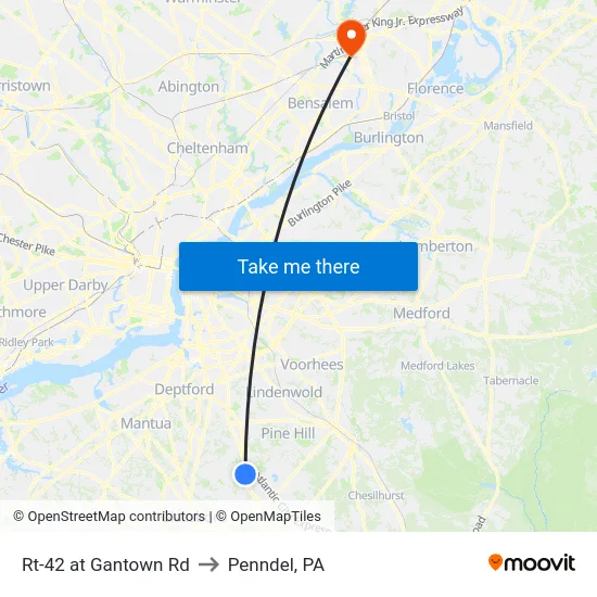 Rt-42 at Gantown Rd to Penndel, PA map