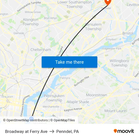Broadway at Ferry Ave to Penndel, PA map
