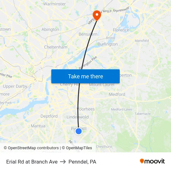 Erial Rd at Branch Ave to Penndel, PA map