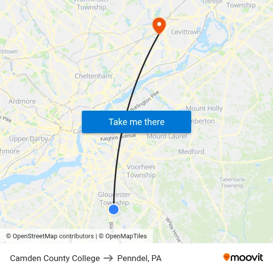 Camden County College to Penndel, PA map