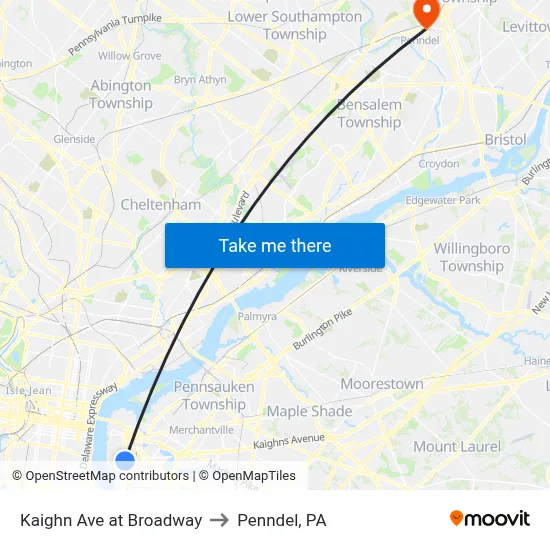 Kaighn Ave at Broadway to Penndel, PA map