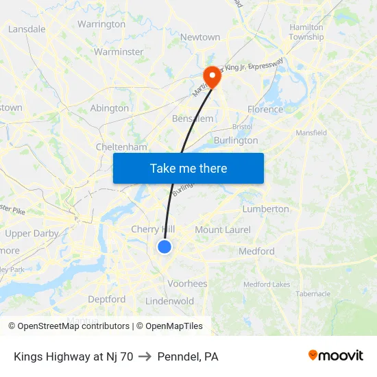 Kings Highway at Nj 70 to Penndel, PA map