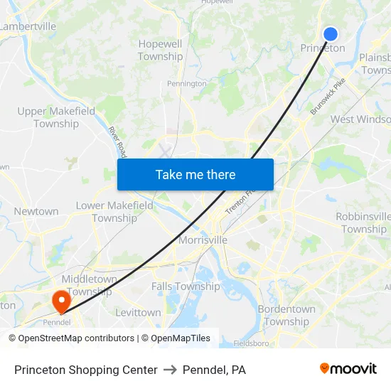 Princeton Shopping Center to Penndel, PA map