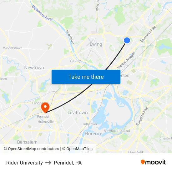 Rider University to Penndel, PA map