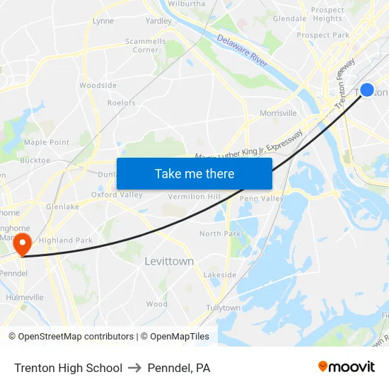 Trenton High School to Penndel, PA map