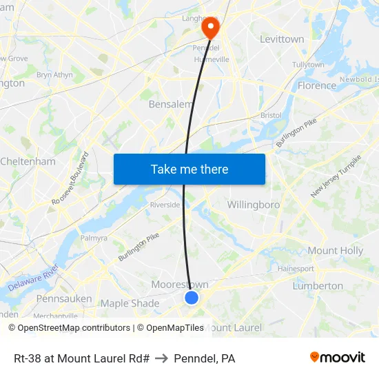 Rt-38 at Mount Laurel Rd# to Penndel, PA map