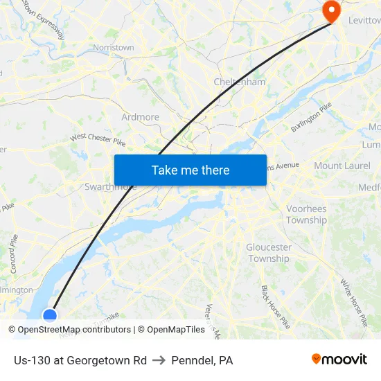 Us-130 at Georgetown Rd to Penndel, PA map
