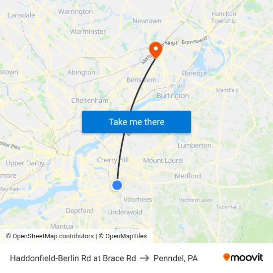 Haddonfield-Berlin Rd at Brace Rd to Penndel, PA map