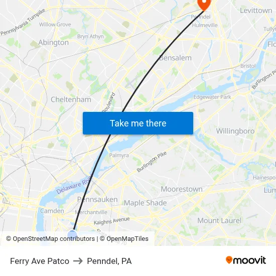 Ferry Ave Patco to Penndel, PA map