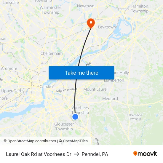 Laurel Oak Rd at Voorhees Dr to Penndel, PA map