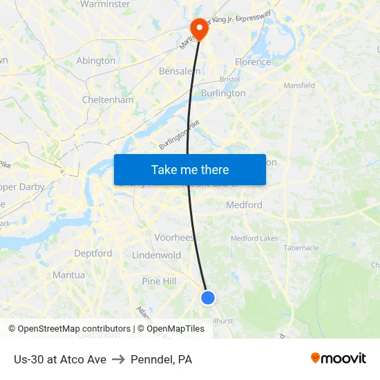 Us-30 at Atco Ave to Penndel, PA map
