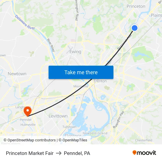 Princeton Market Fair to Penndel, PA map