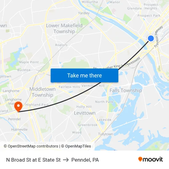N Broad St at E State St to Penndel, PA map